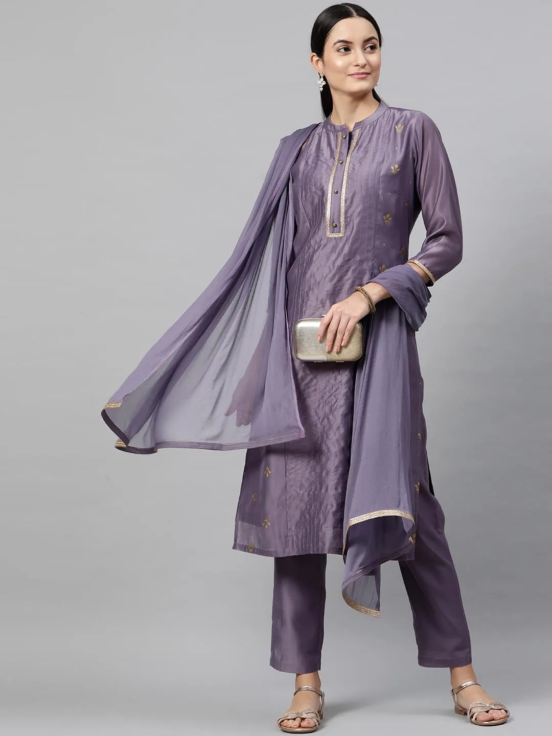 Women Purple Woven Design Kurta with Trousers Dupatta