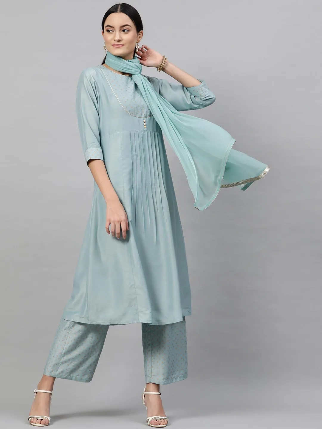 Women Sea Green Striped Kurta with Trousers Dupatta