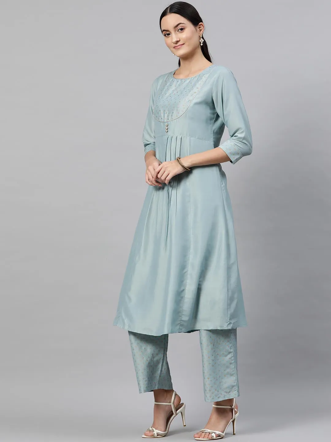 Women Sea Green Striped Kurta with Trousers Dupatta