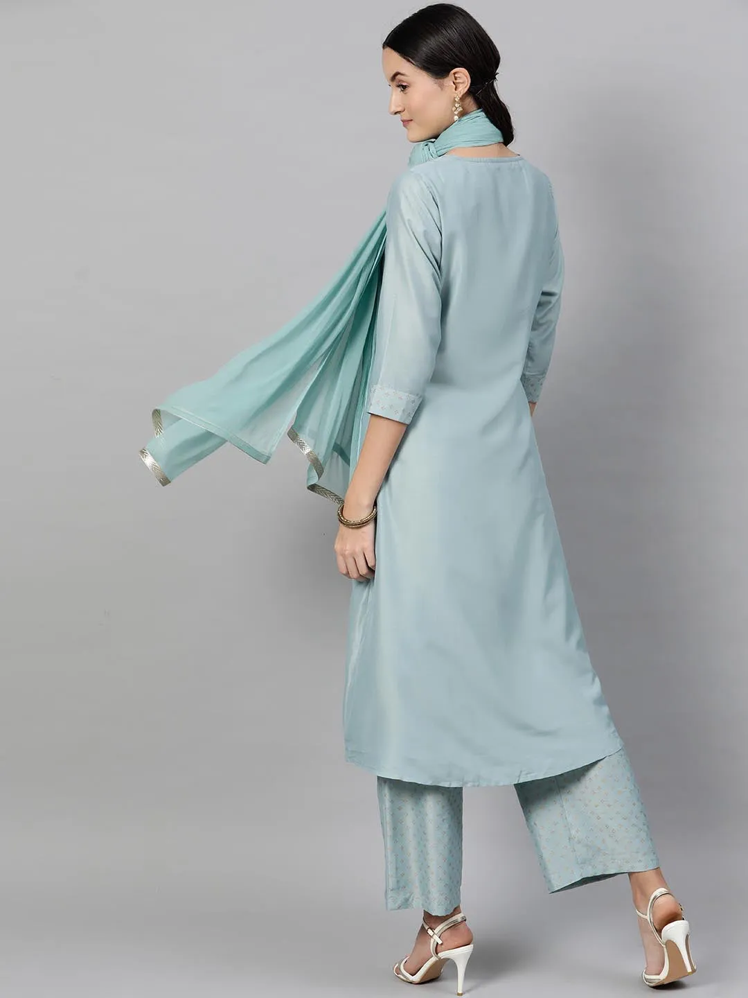 Women Sea Green Striped Kurta with Trousers Dupatta