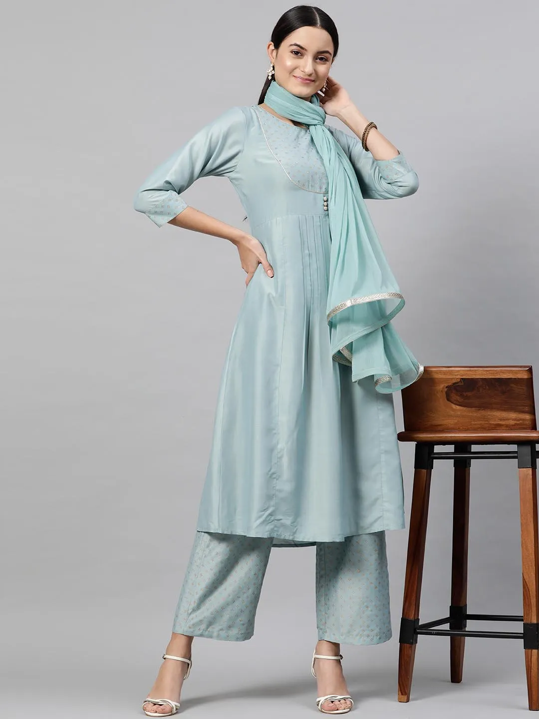 Women Sea Green Striped Kurta with Trousers Dupatta