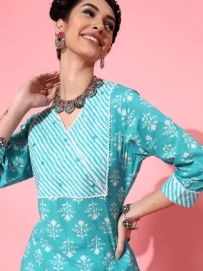 Women Turquoise Blue Floral Printed Pure Cotton Kurta with Trousers