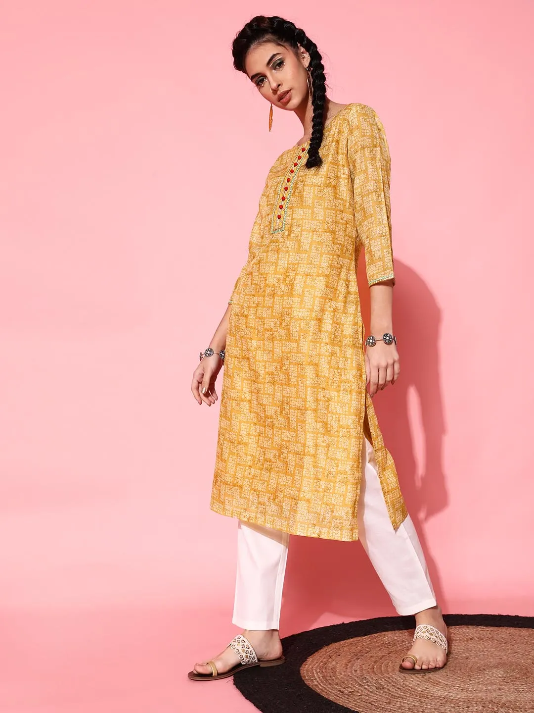 Women Yellow Bandhani Printed Pure Cotton Kurta with Trousers