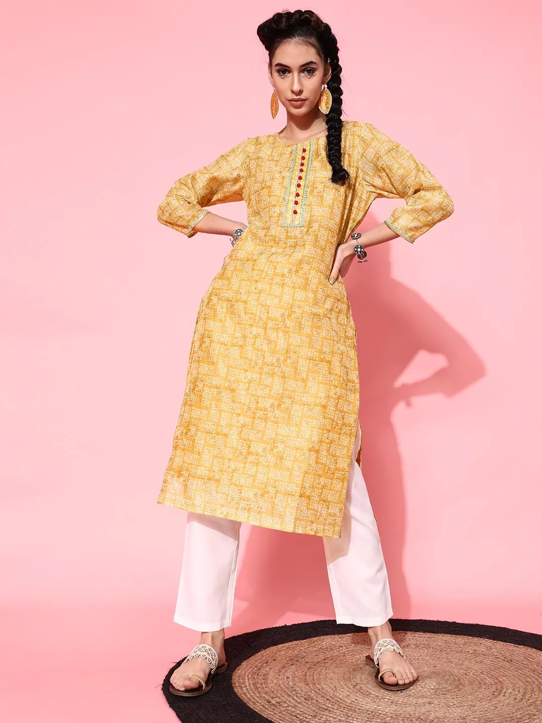 Women Yellow Bandhani Printed Pure Cotton Kurta with Trousers