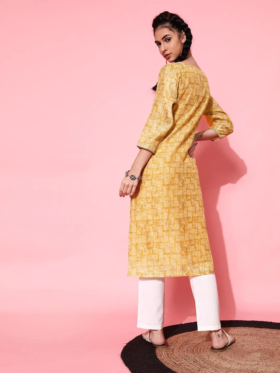 Women Yellow Bandhani Printed Pure Cotton Kurta with Trousers