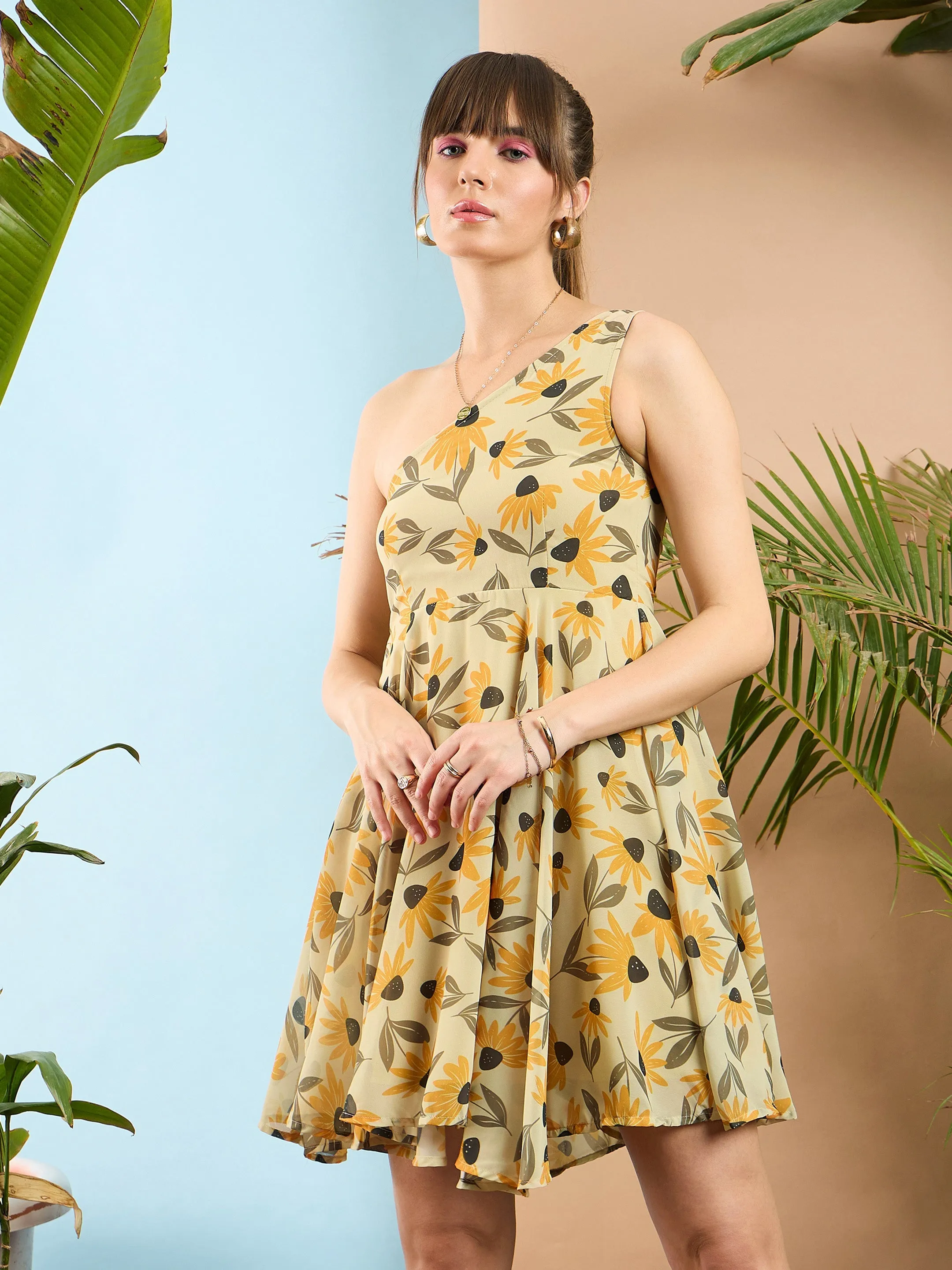 Women Yellow Floral Organza One Shoulder Dress