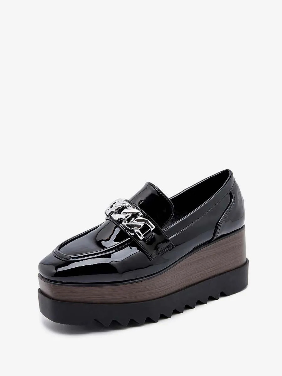 Women's Square Toe Wedge Heel Oxfords with Chains in Patent Leather