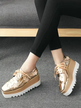 Gold Lace Up Oxford Platform Casual Shoes for Women