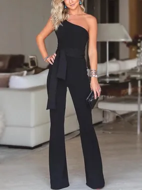 Women's Jumpsuits One Shoulder Lace-Up Casual Jumpsuit