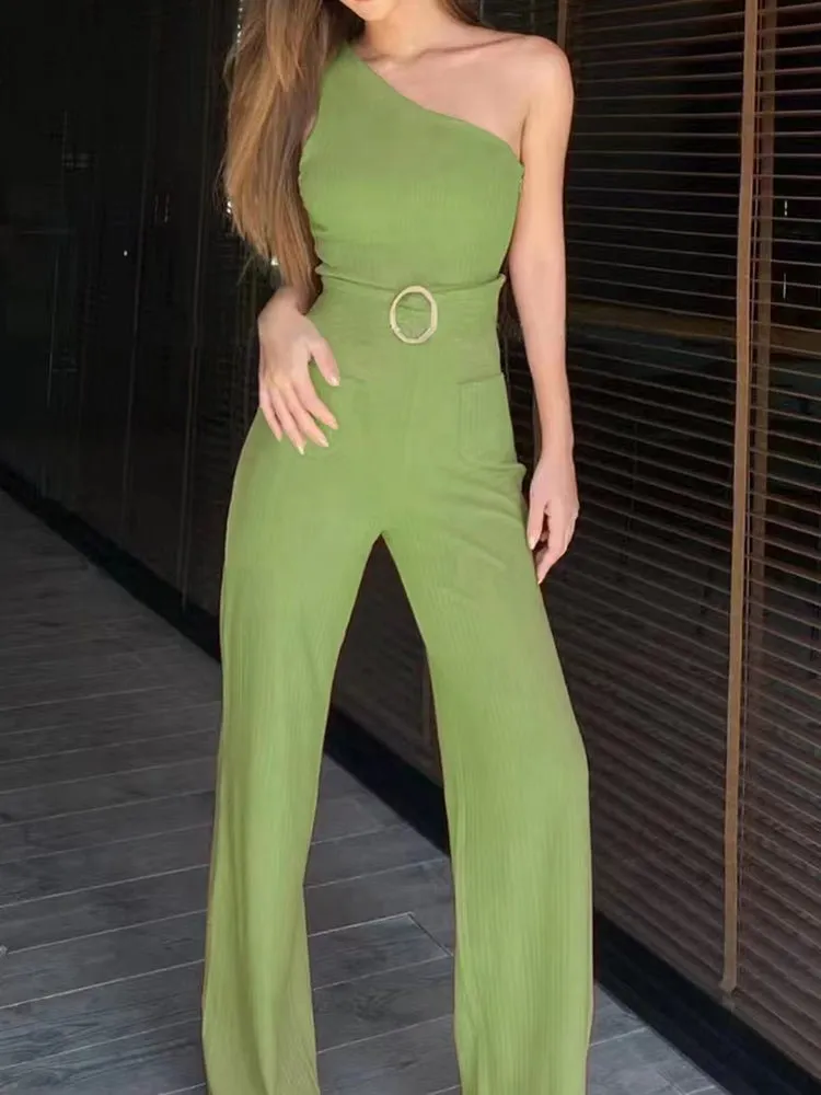 Women's Jumpsuits One Shoulder Strap Belt Wide Leg Pants Jumpsuit