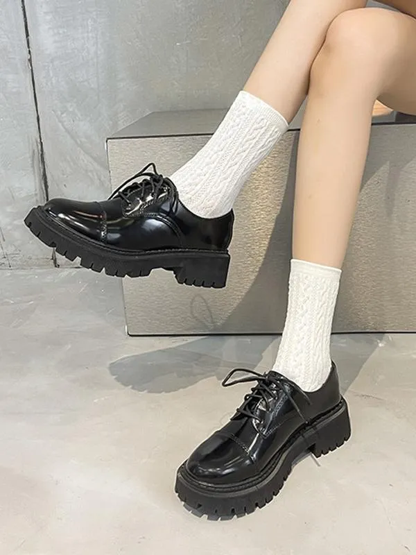 Black Round Toe Chunky Heel Casual Oxford Shoes