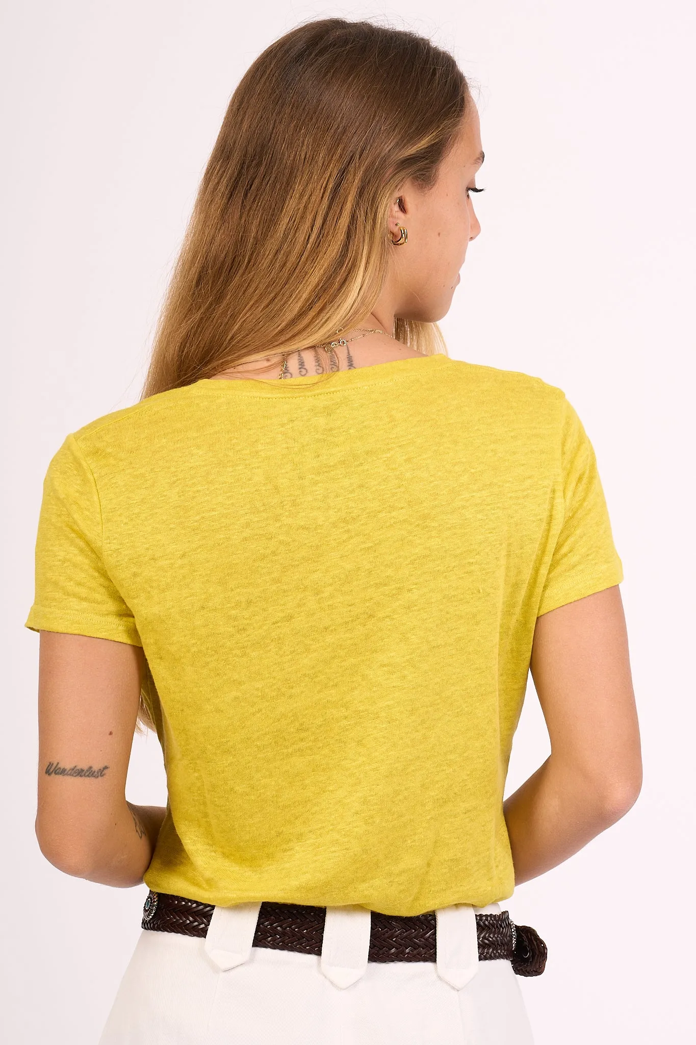 Yellow Women's Round Neck Linen T-Shirt Pure Cotton