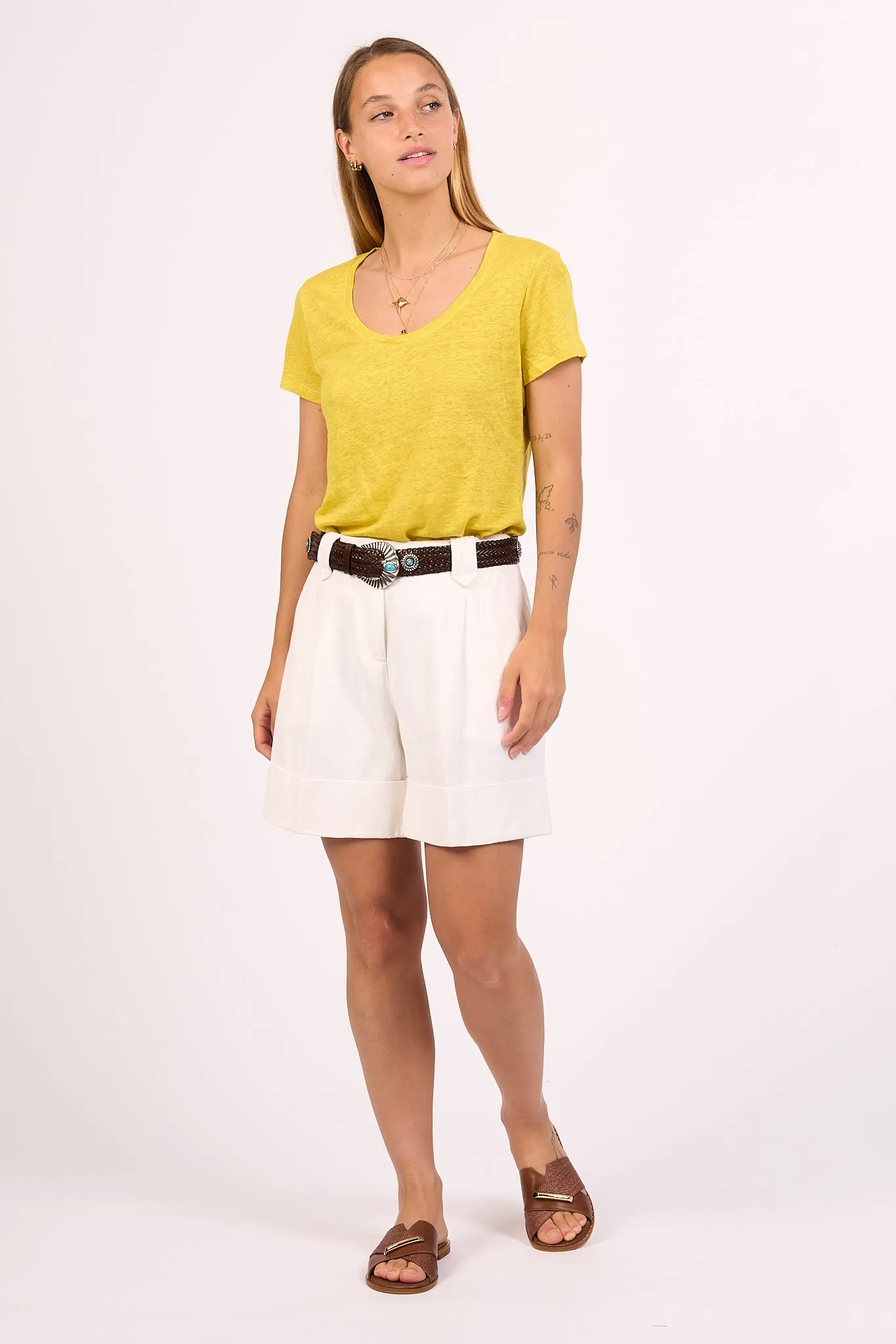 Yellow Women's Round Neck Linen T-Shirt Pure Cotton