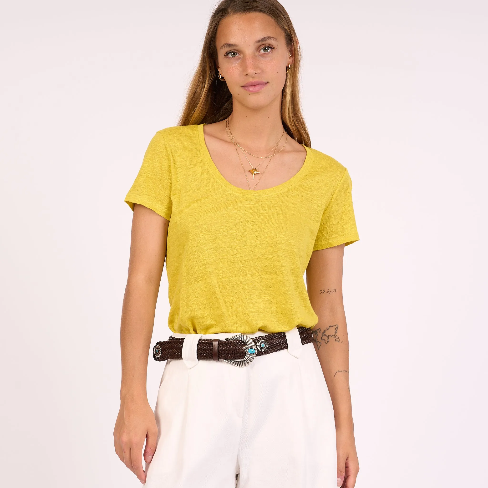 Yellow Women's Round Neck Linen T-Shirt Pure Cotton