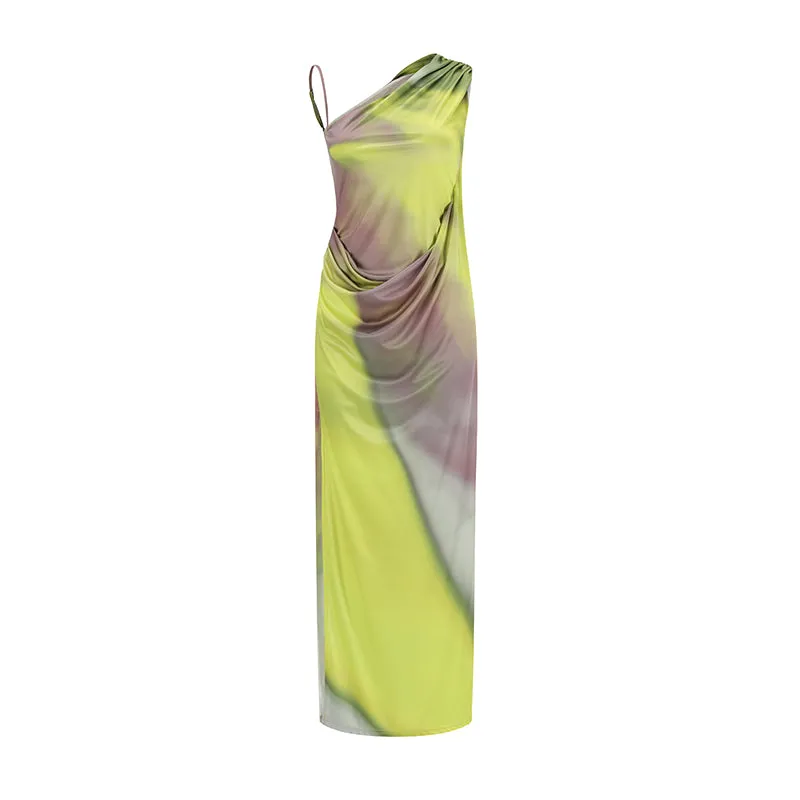 YELLOW/GREY PRINTED DRAPED ONE-SHOULDER DRESS