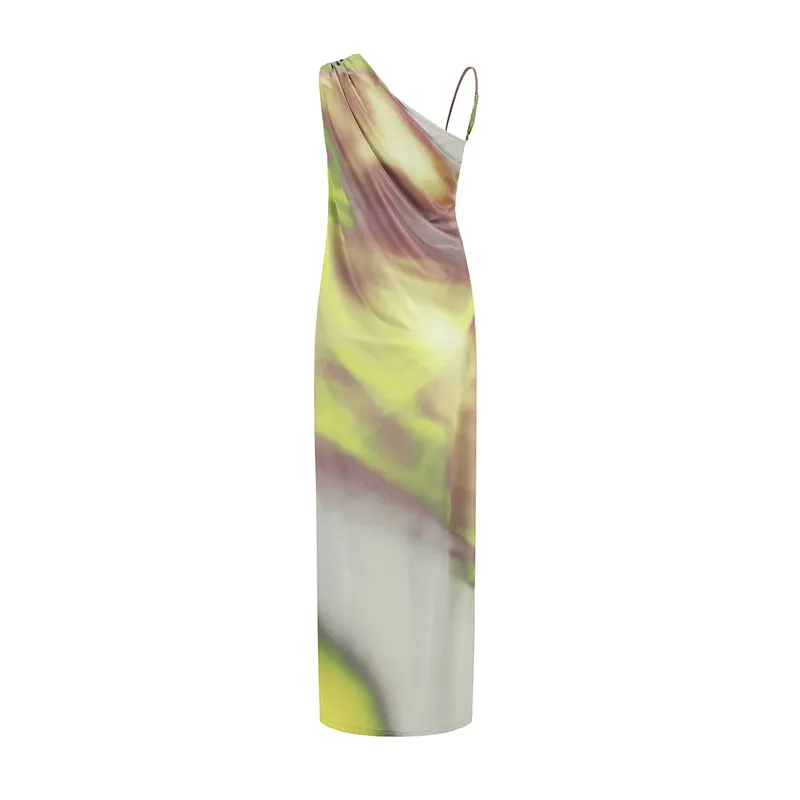 YELLOW/GREY PRINTED DRAPED ONE-SHOULDER DRESS