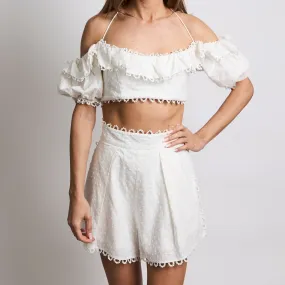 Zimmerman White Off-Shoulder Halter Neck and High Waist Shorts 2-Piece Set